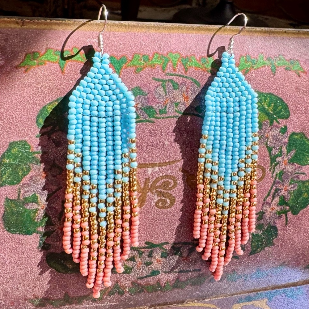 Handmade Bohemian Beaded Native Fringe Earrings - Picture 4 of 5